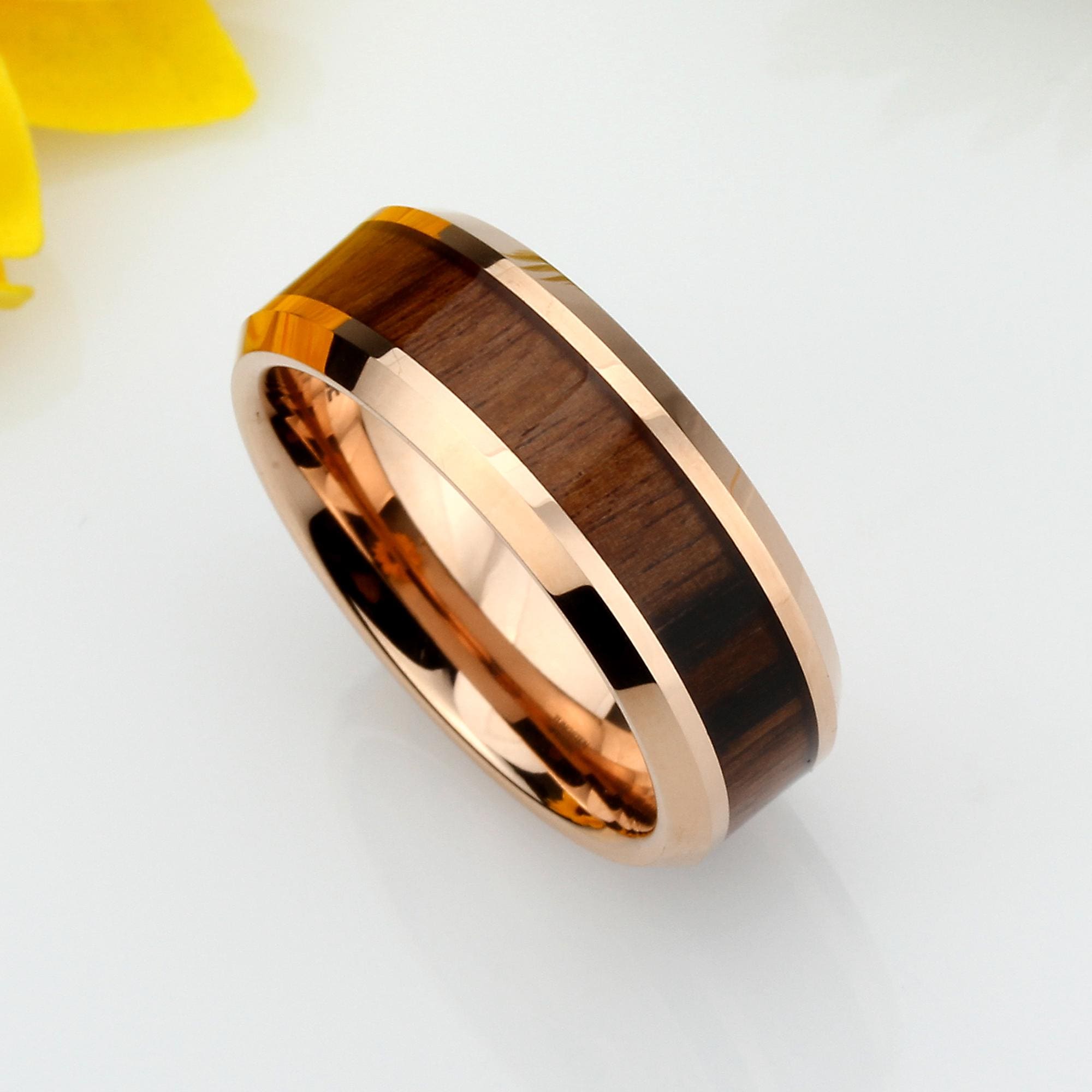 Bague En Tungstène Avec Insert Bois D'acacia De Koa Hawaiien - Or Rose 4mm - Neuf