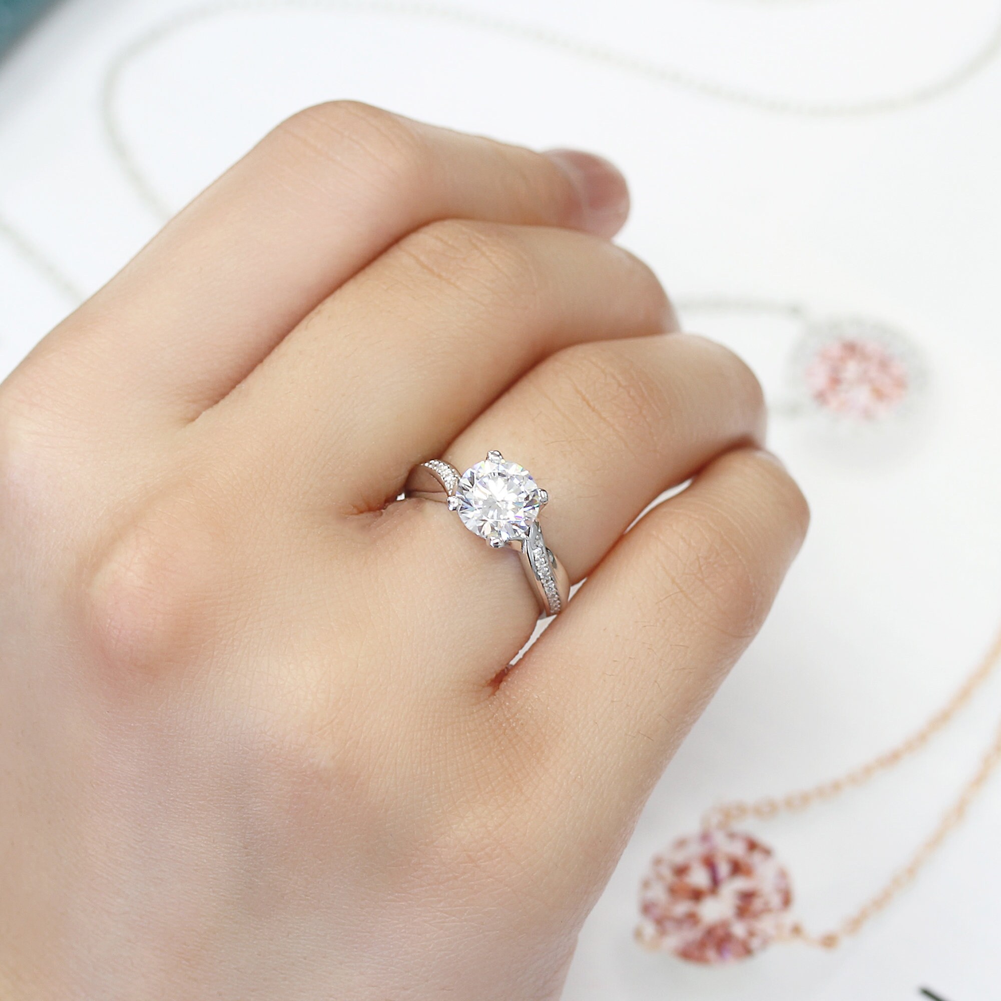 Size 5 to 9 Double Accent Platinum Plated Sterling Silver 2ct Stunning Round CZ Wedding Engagement Ring Size 5 to 9 Double Accent Platinum Plated Sterling Silver 2ct Stunning Round CZ Wedding Engagement Ring