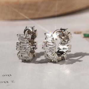 Hoop Earrings Mens Womens with Baguette Cubic Zirconia Huggy Huggie Rhodium on Sterling Silver Hoop Earrings Mens Womens with Baguette Cubic Zirconia Huggy Huggie Rhodium on Sterling Silver