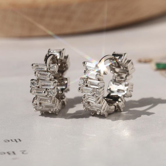 Hoop Earrings Mens Womens with Baguette Cubic Zirconia Huggy Huggie Rhodium on Sterling Silver Hoop Earrings Mens Womens with Baguette Cubic Zirconia Huggy Huggie Rhodium on Sterling Silver