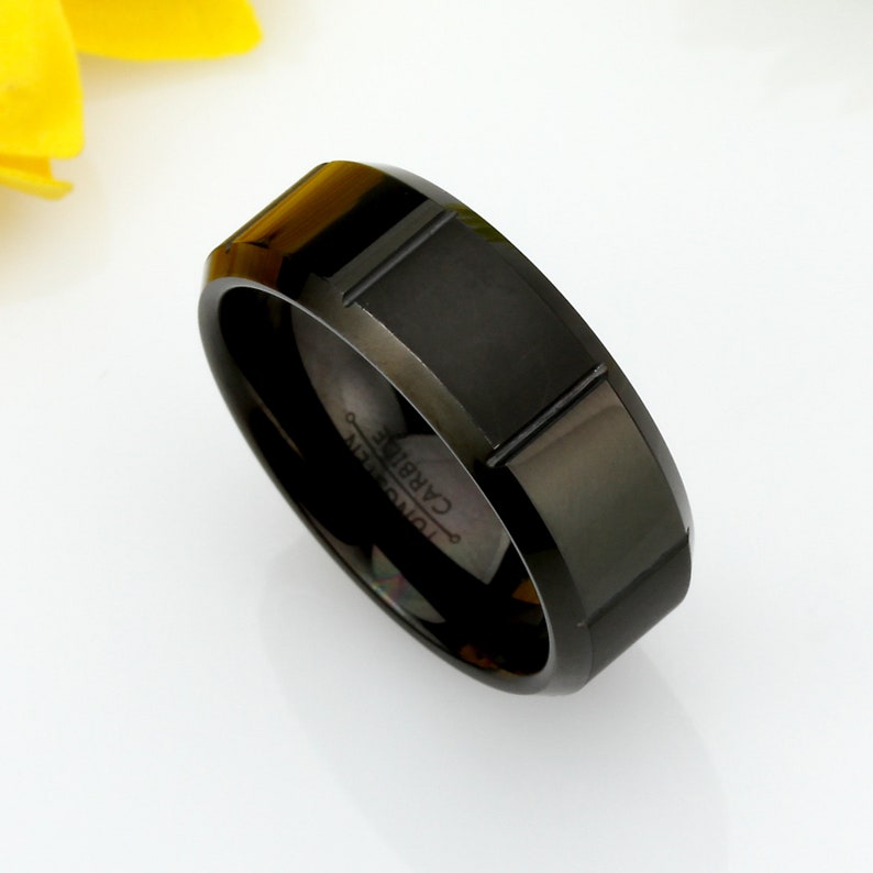 Custom Engraved Personalized Ring Men Women Tungsten Wedding Band 8MM Black Alternating Matte /& Shiny Blocks Beveled Edge Tungsten Ring