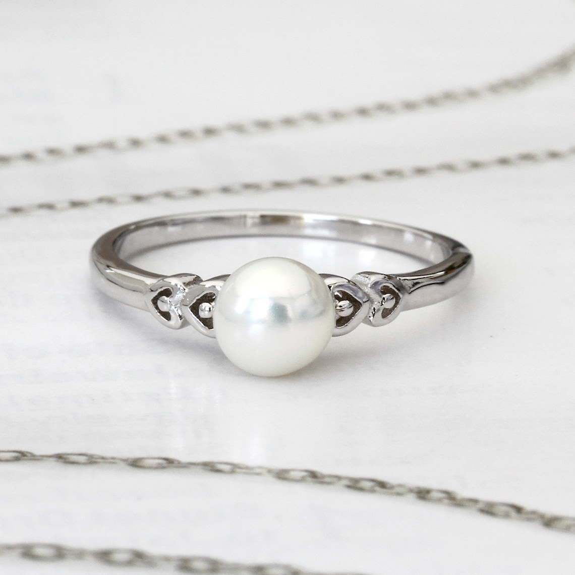 Genuine Pearl Ring Sterling Silver Ring Heart Band Stackable Etsy