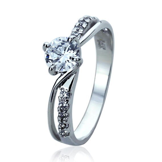 Solid 14K White Gold Ring Round CZ Stone Pave Curved Tracer Wedding Anniversary Ring Size 5 to 9