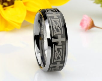 Men Women Tungsten Wedding Band 8MM Beveled Edge Celtic Cross Engraved Shiny Black IP Center Tungsten Ring Custom Engraved Personalized Ring