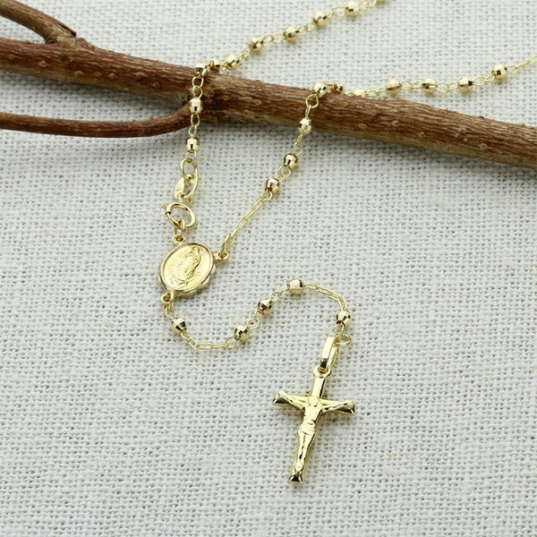 Solid 14K Gold Chain Necklace 2.5-6mm Diamond Cut Bead Cross Rosary Necklace, Gold Rosary Necklace, 16, 18, 20, 24, 26"(DLN152-001YG-OPT)