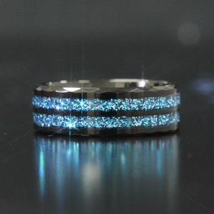 Men Women Tungsten Ring, 8mm Black Tungsten Ring, Blue Glitter Faceted Finish Inlay Tungsten Ring, Custom Engraved Personalized Ring