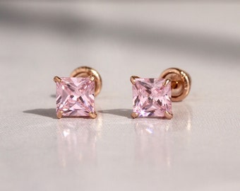 Princess Pink Earrings, Solid 14K Gold Stud Earrings Men Women, 4mm, 5mm Square CZ Stone Solitaire Screwback Earrings, Pink Earrings Studs