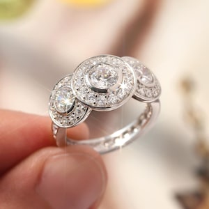 Sterling Silver Engagement Ring, Gatsby Halo Trio Ring: Art Deco Inspired 1.5 CTW CZ Three Stone