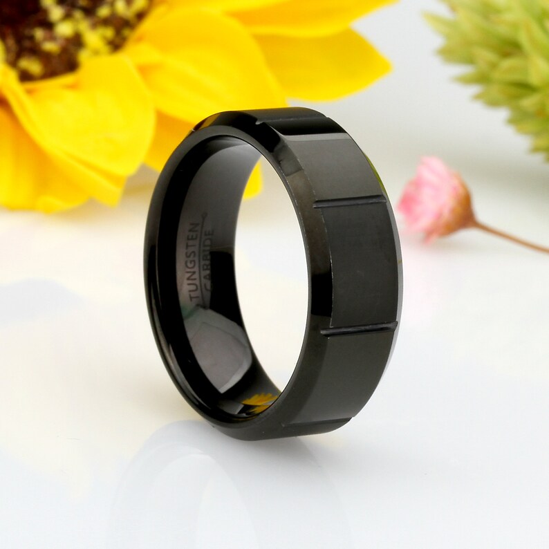 Custom Engraved Personalized Ring Men Women Tungsten Wedding Band 8MM Black Alternating Matte /& Shiny Blocks Beveled Edge Tungsten Ring