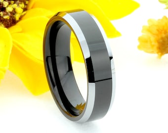 Tungsten Wedding Band 6MM Black Ring High Polished Steel Color Beveled Edges Tungsten Ring For Couples, Personalized Ring (JDTR730)