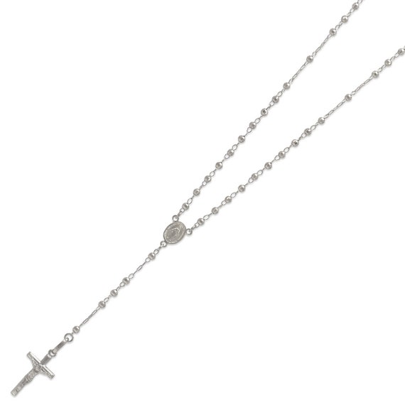 Solid 14K White Gold Rosary Necklace 2.5mm 3mm 4mm 5mm Diamond