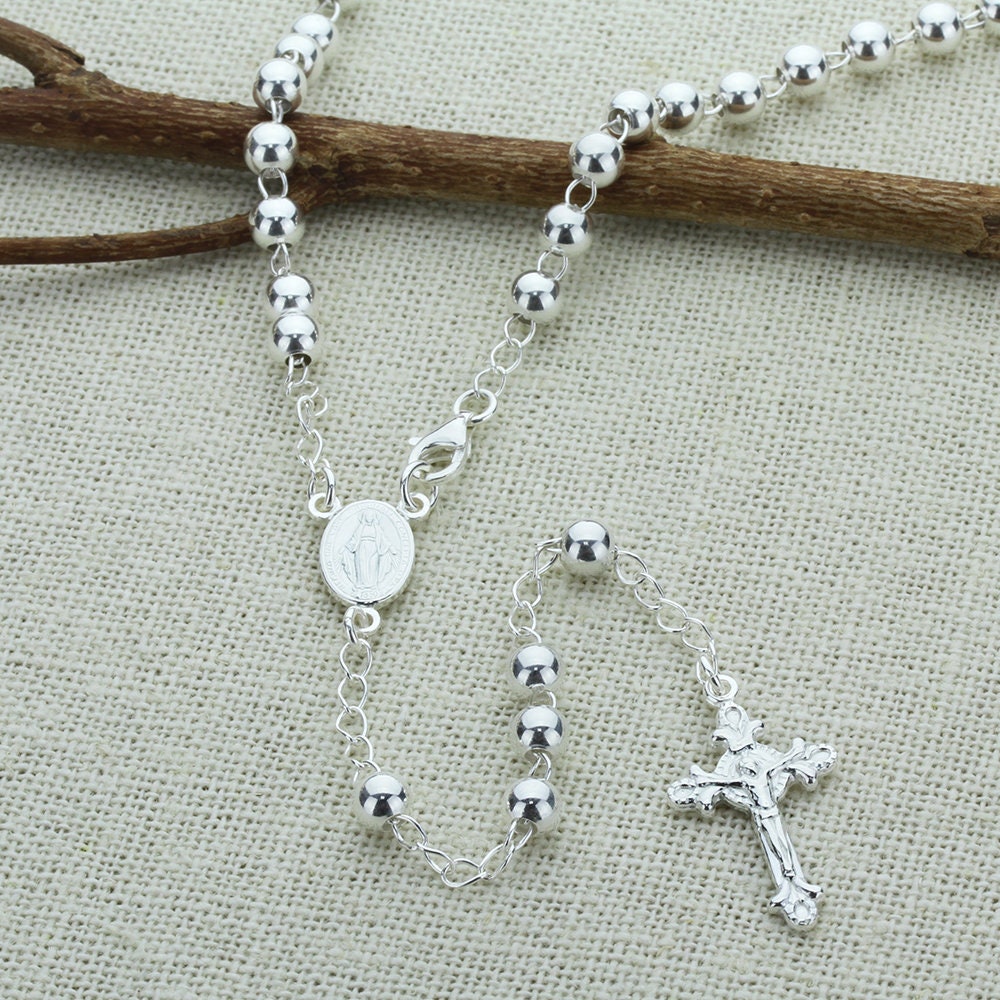 Silver rosary necklace womens Clearance