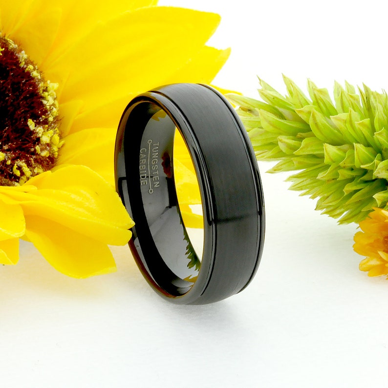 Men Women Tungsten Wedding Band Custom Engraved Personalized Ring 8MM Domed Black Ring Grooved Edge Brushed Center Tungsten Ring