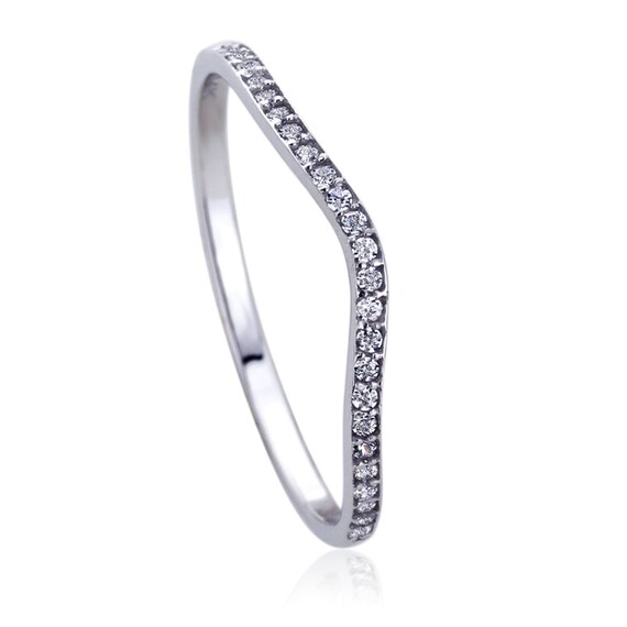 Solid 14K White Gold Ring Round CZ Stone Pave Curved Tracer Wedding Anniversary Ring Size 5 to 9