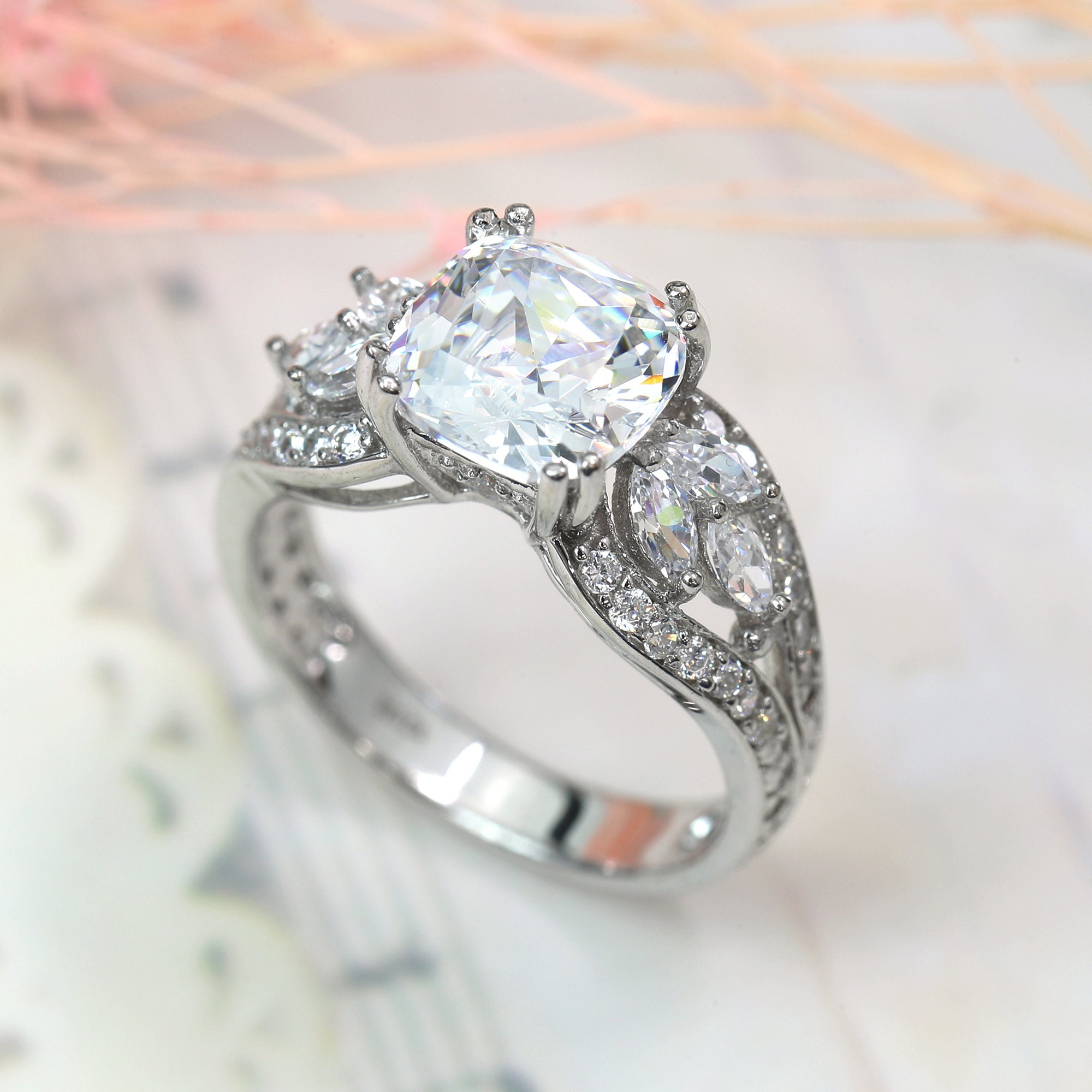 Size 5 to 9 Double Accent Platinum Plated Sterling Silver 2ct Stunning Round CZ Wedding Engagement Ring Size 5 to 9 Double Accent Platinum Plated Sterling Silver 2ct Stunning Round CZ Wedding Engagement Ring
