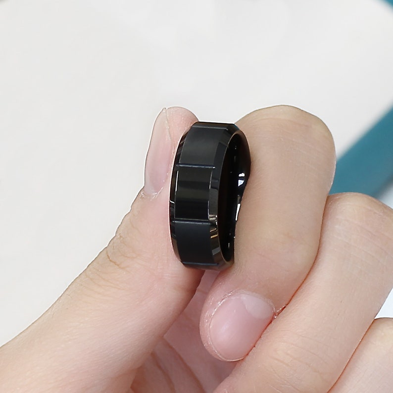 Custom Engraved Personalized Ring Men Women Tungsten Wedding Band 8MM Black Alternating Matte /& Shiny Blocks Beveled Edge Tungsten Ring