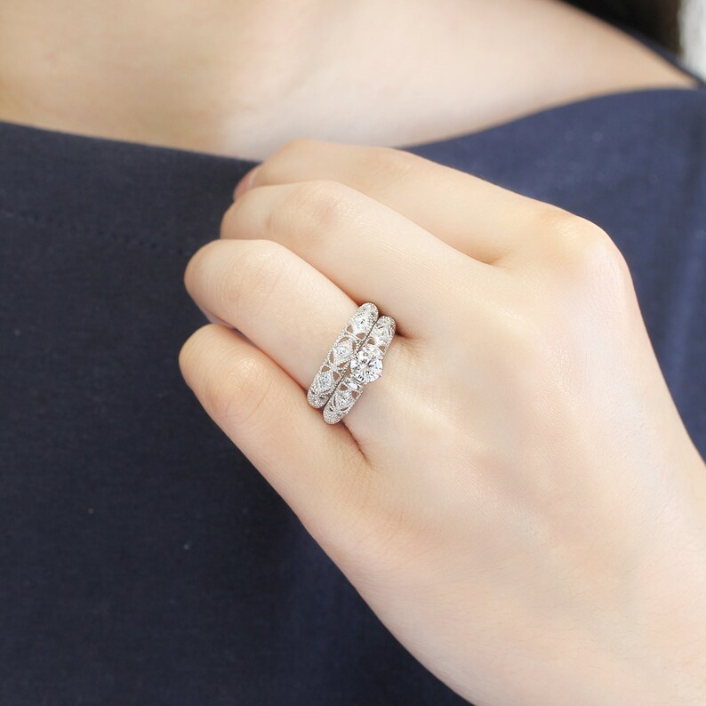 Simulated Diamond Engagement Ring Set Women Sterling Silver Etsy