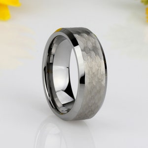 Men Women Tungsten Ring, 8mm Honeycomb Brushed Finished Band Beveled Edge Tungsten Ring, Custom Engraved Personalized Ring