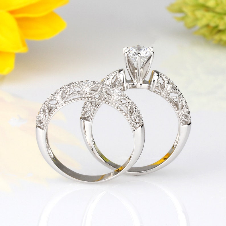 Simulated Diamond Engagement Ring Set Women Sterling Silver Etsy