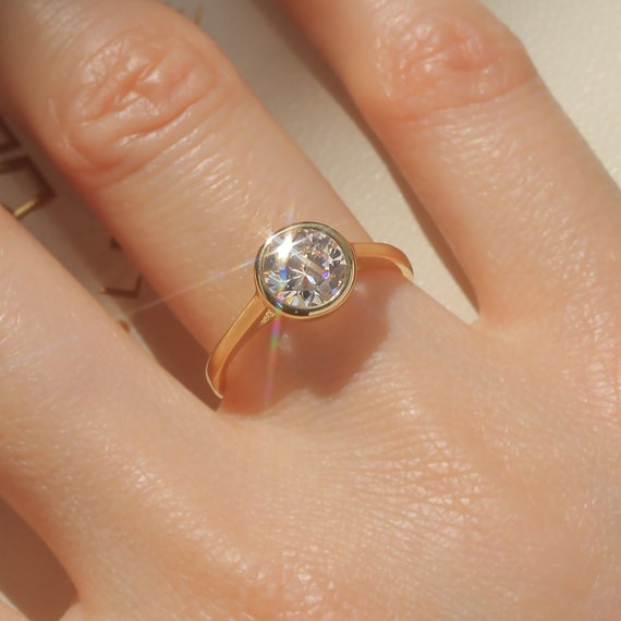 1 CT Bezel Ring, Solid 14K Gold Wedding, White Gold Ring Women
