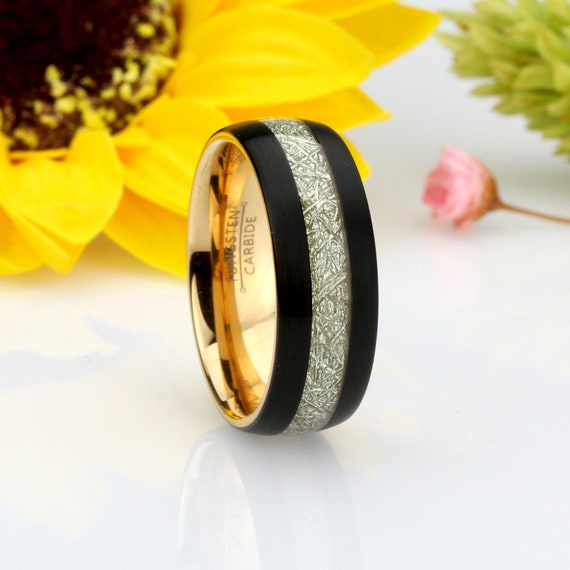 Tungsten 8 mm Beveled-Edge Band with Imitation Meteorite Inlay Tungsten 8 mm Beveled-Edge Band with Imitation Meteorite Inlay