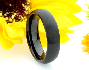 Men Women Tungsten Wedding Band, 6mm Black IP Ring, Brushed Classic Domed Band Tungsten Ring, Custom Engraved Personalized Ring, Couple Ring