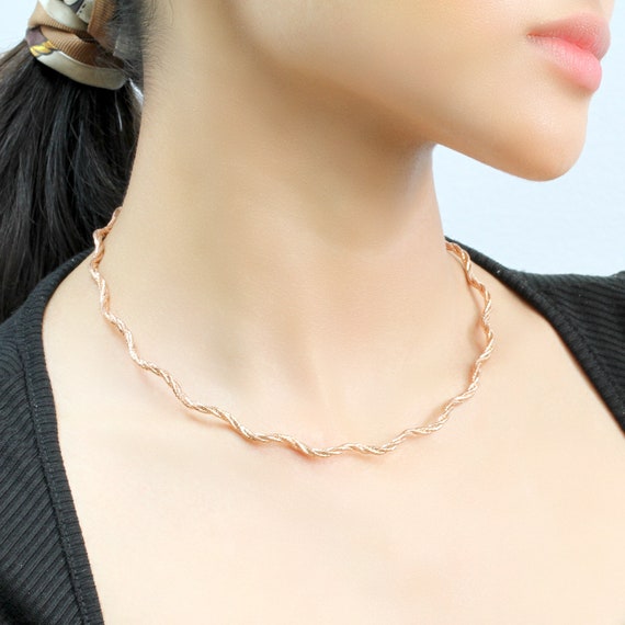 Omega Chain Sterling Silver Necklace, 14K Rose Gold Plated 3 Layer Wave Omega Spring Chain Necklace, 2.7mm, 16\