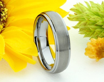 Men Women Tungsten Wedding Band 6MM Stepped Edge Domed Brused Center Tungsten Ring For Couples, Personalized Ring (JDTR039)