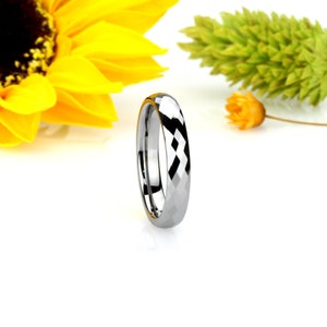 Men Women Tungsten Wedding Band, 4mm Tungsten Ring, Domed Faceted Shaped Tungsten Ring, Custom Engraved Personalized Ring