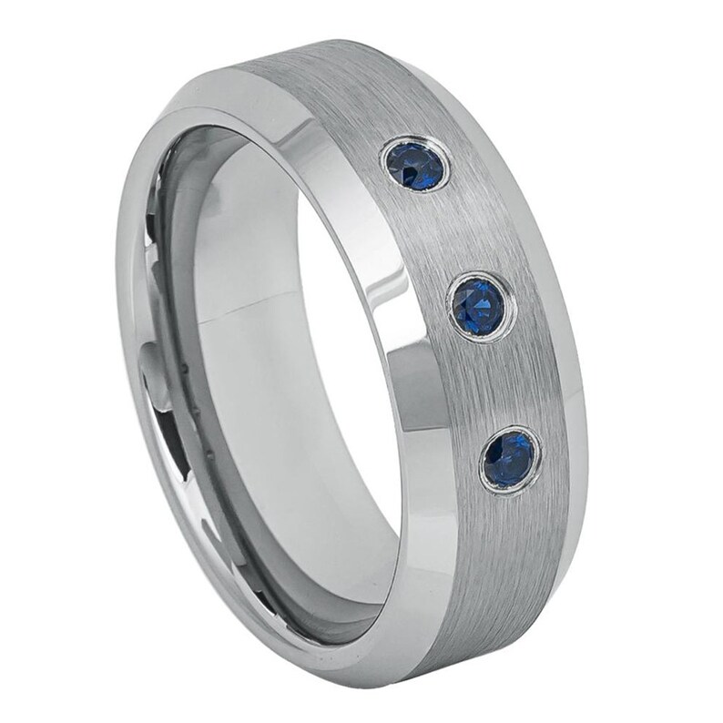 Tungsten Wedding Band Men/'s 8MM Beveled Edge 0.21ct Blue Sapphire Brushed Tungsten Ring JDTR635 Custom Engraved Personalized Ring