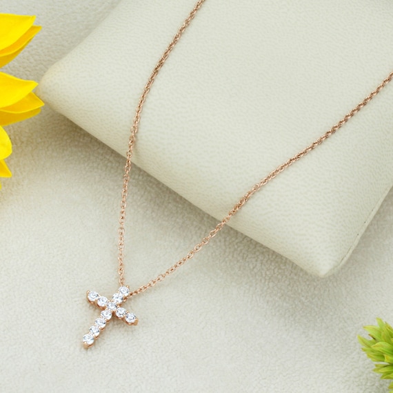 14K White Gold Plated Simulated Diamond Studded Religious Pendant Necklace With Chain Jewelry 14K White Gold Plated Simulated Diamond Studded Religious Pendant Necklace With Chain Jewelry