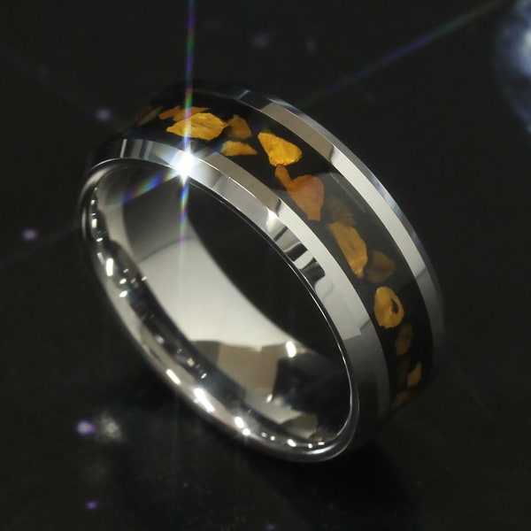 Herren Damen Wolfram Ring, 8mm Wolfram Ring, Tigerauge Splitter Inlay Abschrägung Rand Wolfram Ring, Gravierter Personalisierter Ring