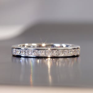 1 CTW Princess Channel Set Half Eternity Ring, Platinum Plated Sterling Silver Wedding Band Women Men, Princess Diamond Ring, Stacking Ring