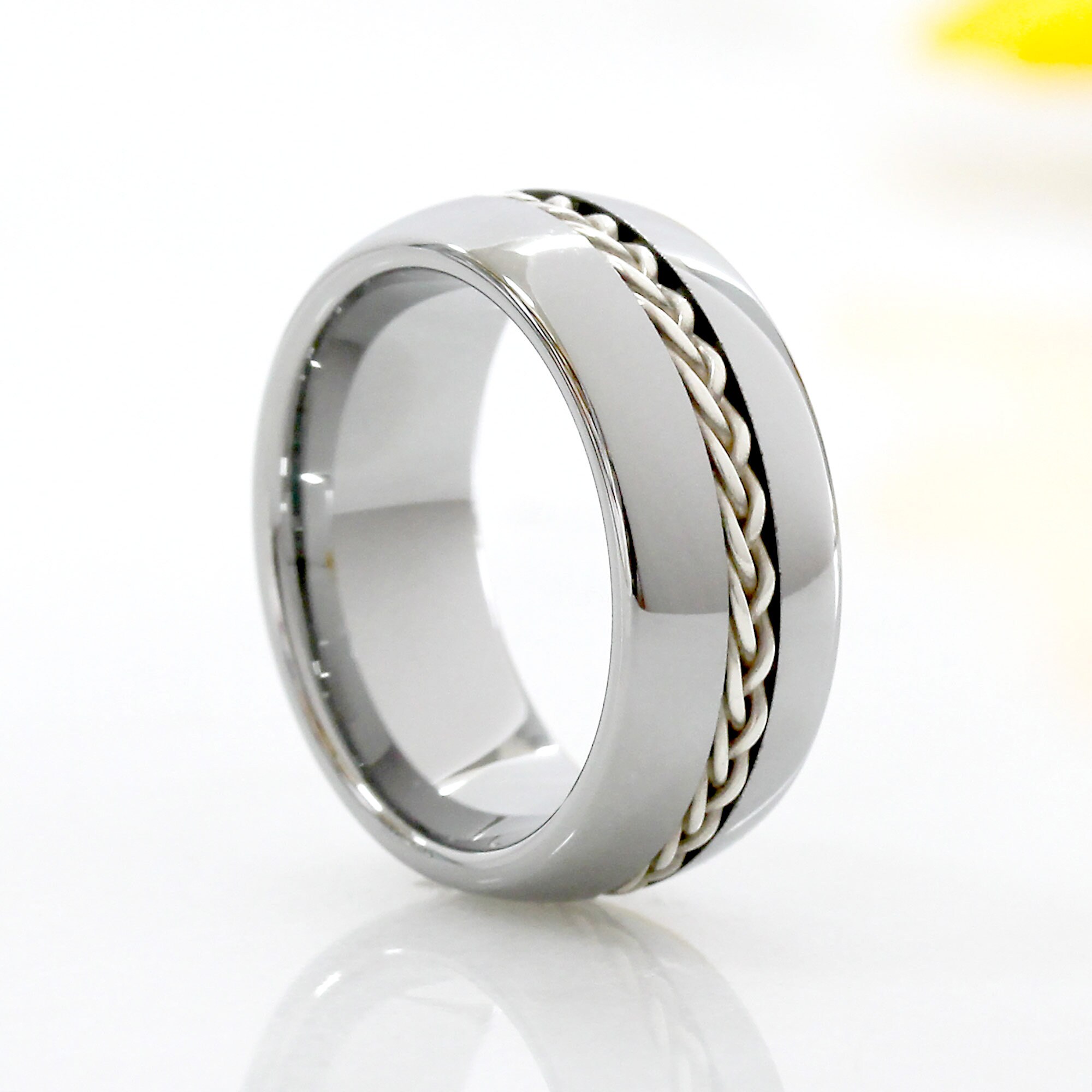 Mens Carbide Tungsten Wedding Ring Grooved with Braided Sterling Silver  Insert - 8mm