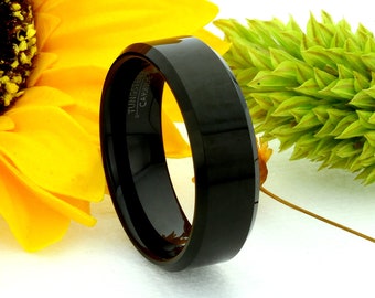 Shiny Black Tungsten Ring: 8MM High Polished Flat, Beveled Edge, Custom Engraved, Wedding Band