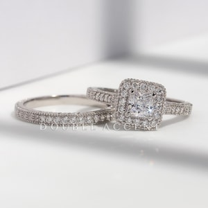 Princess Cut CZ Bridal Ring Set: Platinum Plated Sterling Silver, Vintage Halo Engagement Ring