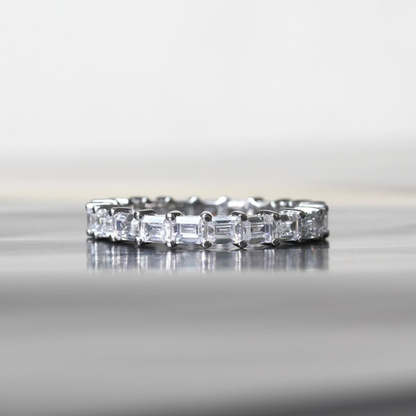 Emerald Cut 2 CTW Eternity Ring, Platinum Plated Sterling Silver Wedding Band, Stacking East West Ring, Full Eternity Simulated Diamond Ring
