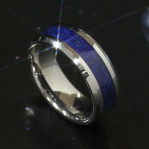 Men Women Tungsten Ring, 8mm Blue Tungsten Ring, Lapis Lazuli Inlay Beveled Edge Tungsten Ring, Custom Engraved Personalized Ring