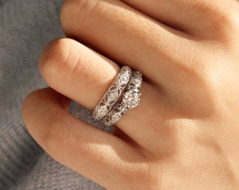 0.7 CT Vintage Bridal Ring Set, Sterling Silver Wedding Ring Women, CZ Stone Filigree Matching Band, 2 pcs Simulated Diamond Engagement Ring