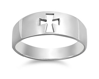 Men Women Sterling Silver Plain Cross Ring 7mm / Free Gift Box(SNRP141053)