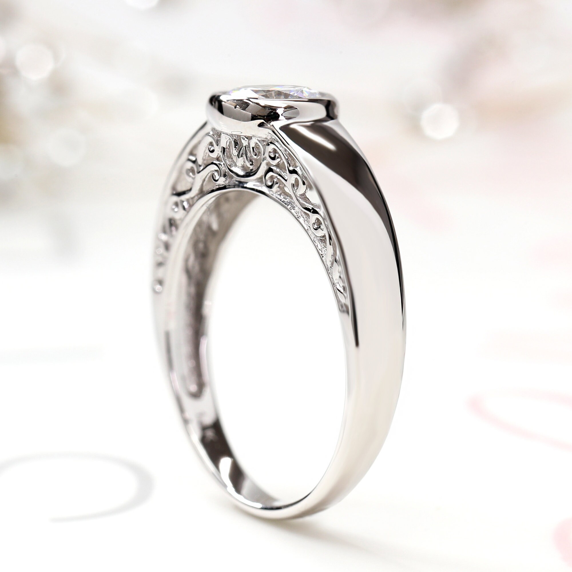 Gold Bezel Set Engagement Ring Solid 14K White Gold Wedding Etsy