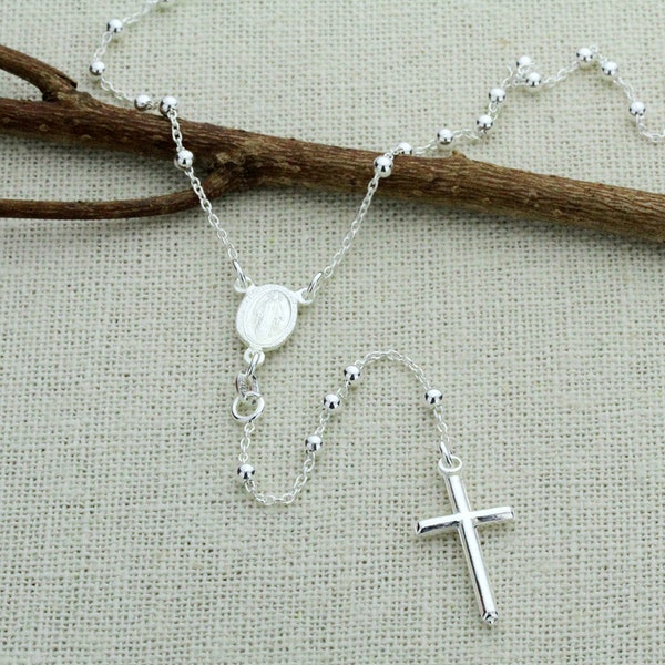 ROSARY Chain, Sterling Silver Necklace for Men Women, Rosary Necklace, 3mm to 5mm Bead Plain Cross Rosary Chain Necklace