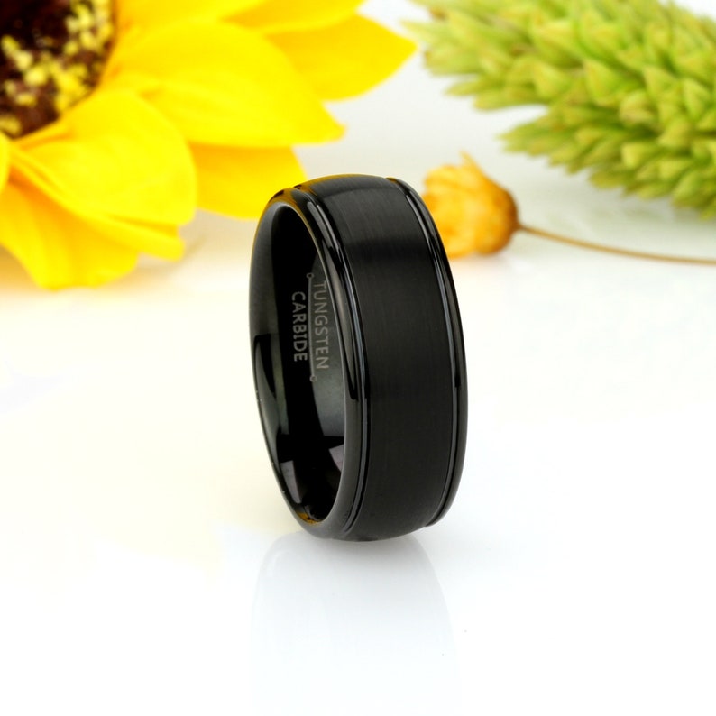 Men Women Tungsten Wedding Band Custom Engraved Personalized Ring 8MM Domed Black Ring Grooved Edge Brushed Center Tungsten Ring