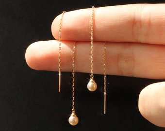 Pearl Threader Earrings, Solid 14K Gold Earrings, 4 to 5mm Akoya OR Freshwater Cultured Pearl Earrings, Long Chain Earrings, Dangle Earrings