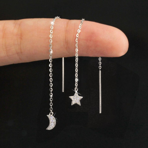 Solid 14K Gold Earrings, White Gold, Rose Gold Chain Dangle Earrings, CZ Stone Star & Crescent Moon Asymmetrical Earrings, Threader Earrings