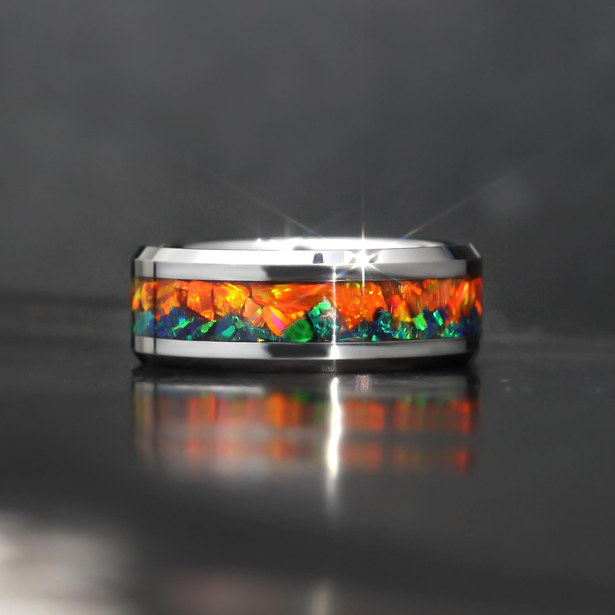 Green & Orange Fire Opal Inlay Tungsten Wedding Band: Comfort Fit
