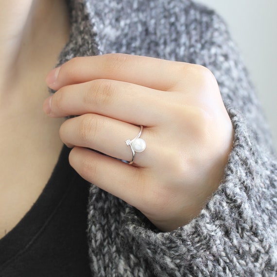 Genuine Pearl Ring, 925 Sterling Silver Ring, Tahitian Black Pearl 