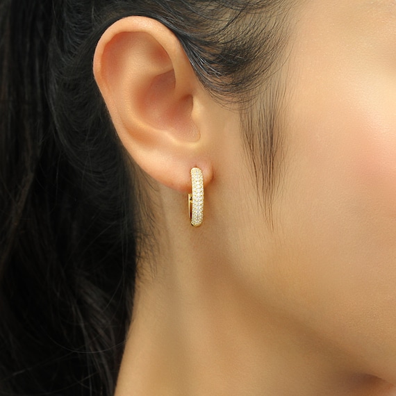 Simulated Diamond Hoop Earrings 14K Gold Plated Sterling Silver
