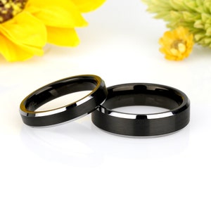His and Her Tungsten Wedding Band Set, 6mm 4mm Black IP Plated Brushed Center Tungsten Ring For Couples, Custom Engraved Personalized Ring