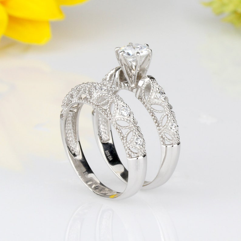 Simulated Diamond Engagement Ring Set Women Sterling Silver Etsy